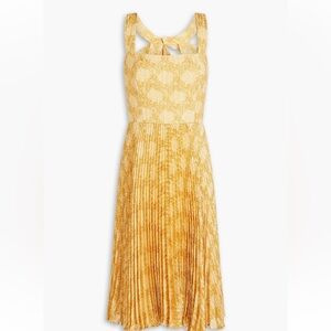 Cutout pleated printed jacquard dress